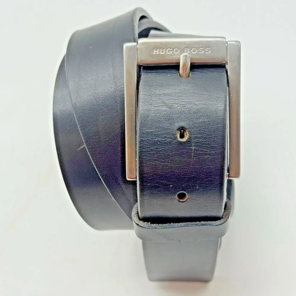 Hugo Boss Black Cow Leather Belt Men's 38 Engraved HB Silver Tone Buckle 5128